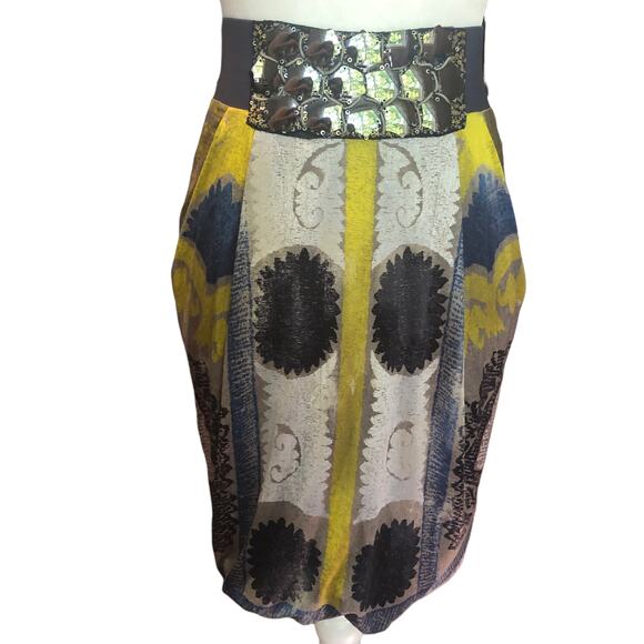 Yigal Azrouel Metallic Sequin Gray Yellow & Blue Draped Silk Pencil Skirt Small - Picture 2 of 6